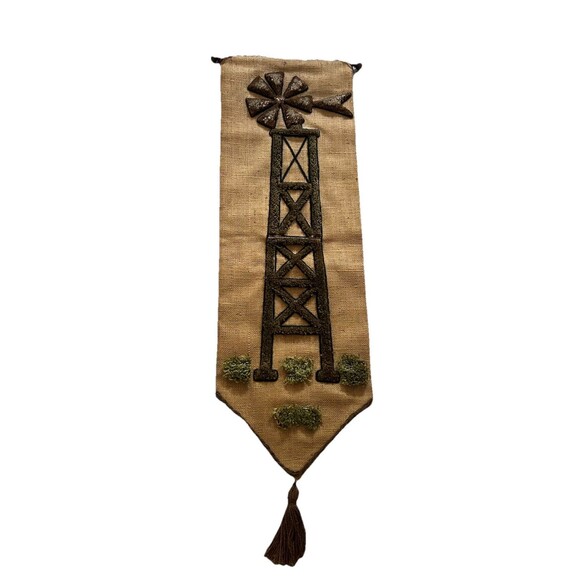Vintage Windmill Burlap Wall Hanging Textile Wall Art 40 Inch Farmcore Farmhouse - Picture 1 of 6